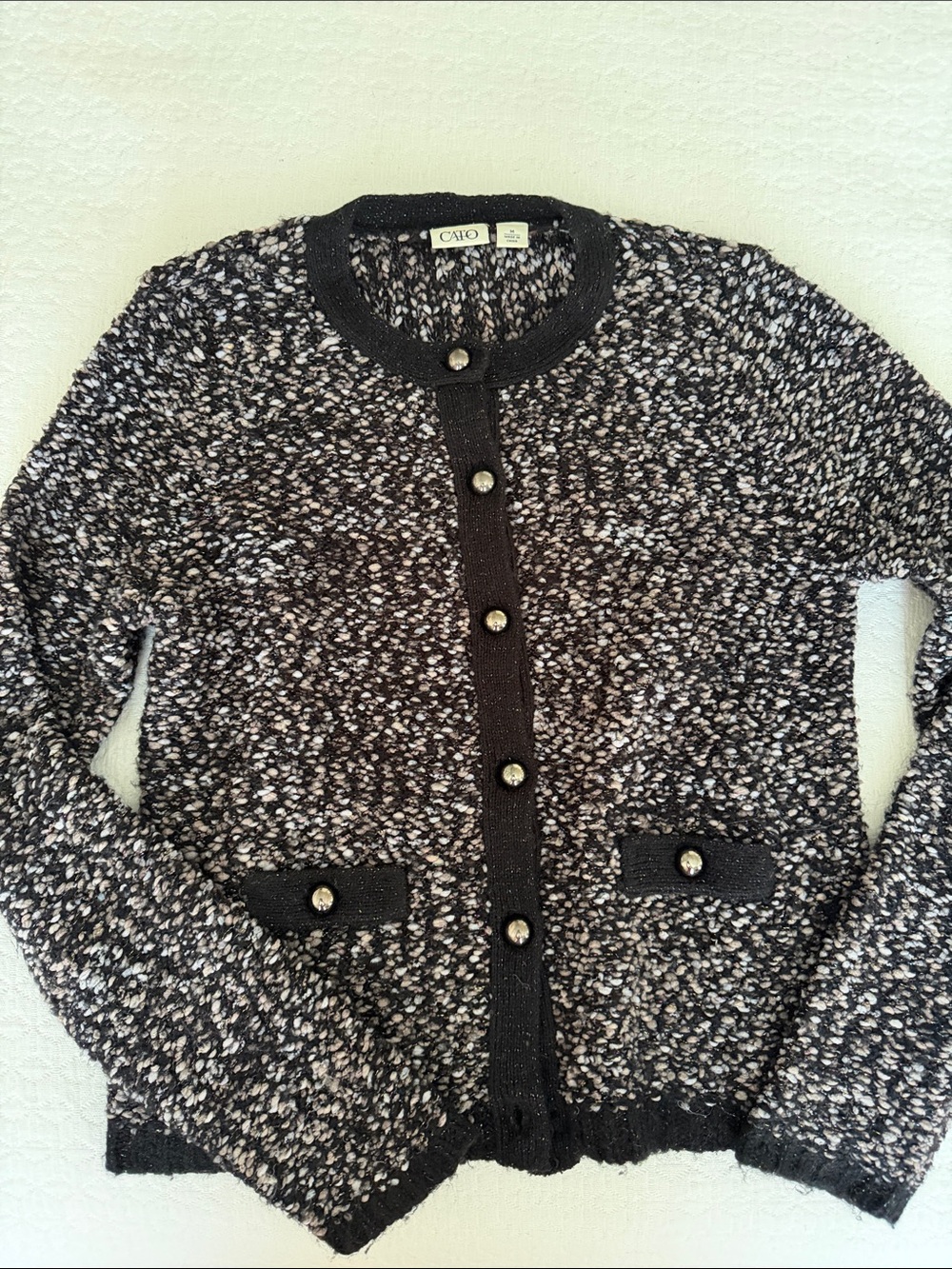 Cato Black & White Bouclé Button-Front Sweater